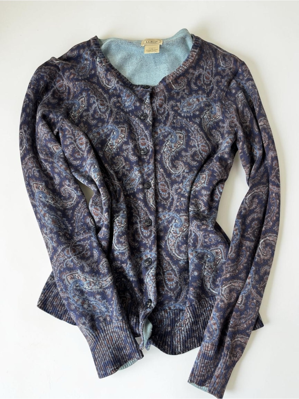 L.L.Bean Paisley Button Cardigan Purple Aqua Vintage Cotton Y2K S